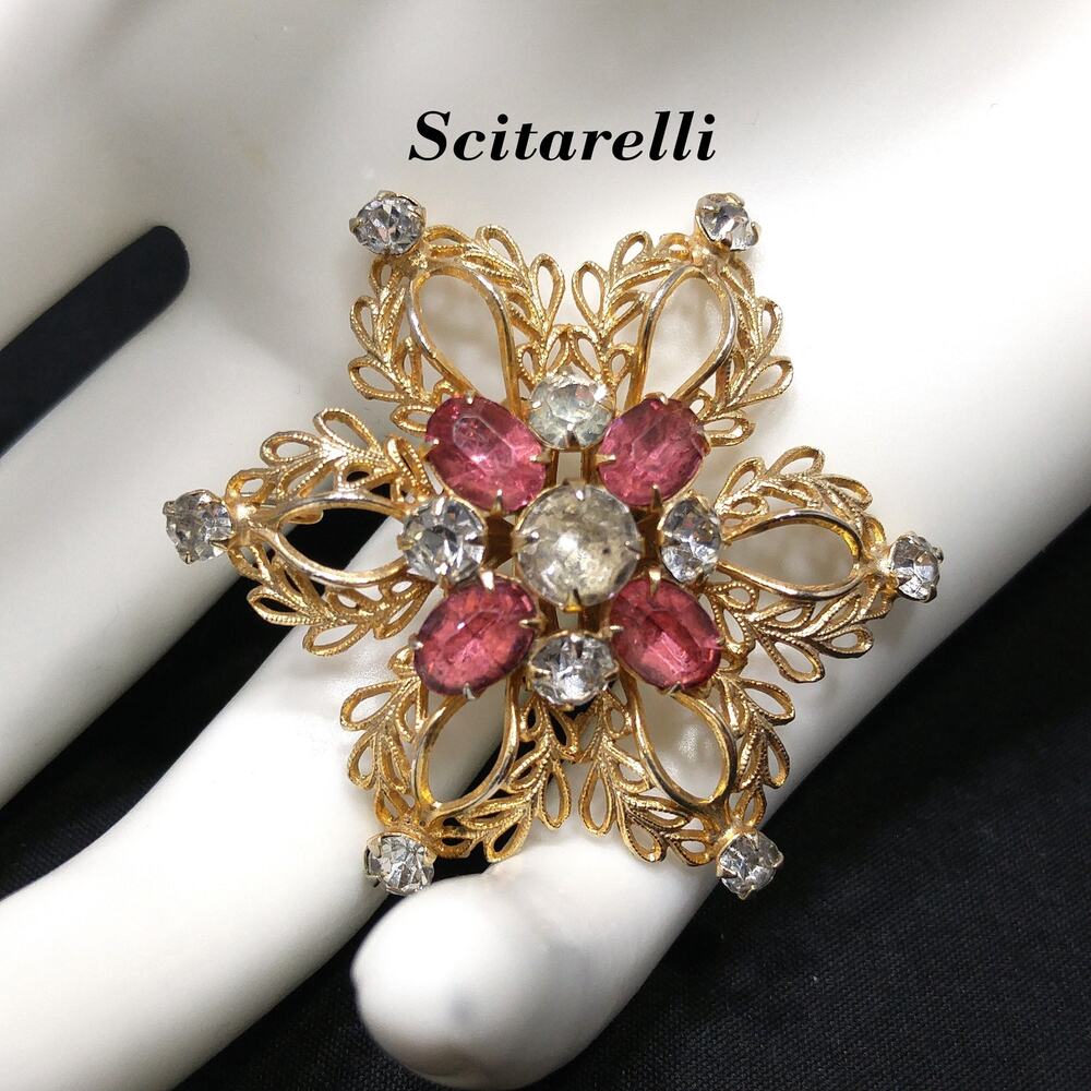 Scitarelli Mid-century Pink Clear Rhinestone Floral Brooch Pendant 1950s Vintage
